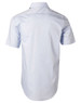 A light blue men's short-sleeve button-up shirt with a back yoke and a subtle logo.