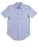 A short sleeve, button-up shirt in light blue with a pocket and a subtle logo.