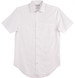 A white short-sleeve button-up shirt with a pocket and a logo. Clean and simple design.