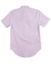 A men's short sleeve shirt in light purple with a curved hem and a back yoke. It features a logo on the brand label.