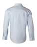 A light blue men's long-sleeve self-stripe button-up shirt with a back view and a branding logo.