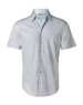 A light blue short-sleeve button-up shirt with a self-stripe pattern and a chest pocket. It has a logo.