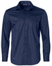 A navy blue long-sleeve button-up shirt with a pocket and a subtle striped pattern. It features a branded label.
