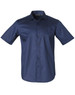 A navy short-sleeve button-up shirt with a pocket and a logo on the collar.