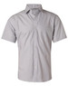 A short-sleeved men's button-up shirt in fine grey stripes with a single chest pocket and a logo on the collar.