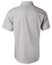 A grey short-sleeve button-up shirt with fine stripes and a logo on the back.