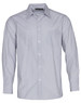 A men's long sleeve button-up shirt featuring fine stripes in light grey and white, with a chest pocket and logo.