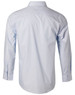 A light blue long sleeve button-up shirt with fine stripes and a back view, featuring a logo on the label.