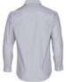A grey and white striped long sleeve button-up shirt featuring a classic collar and a branding logo.