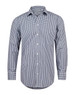 A men's long-sleeve button-up shirt in a blue and white gingham check pattern, featuring a collar and cuffed sleeves.