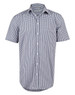 A short-sleeve navy and white gingham check button-up shirt with a collar and logo branding.