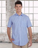 A short-sleeved men's button-up shirt in blue and white gingham check, featuring a logo on the chest.