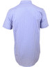 A short-sleeved men's shirt in a blue and white gingham check pattern, featuring a collar and a logo on the back.