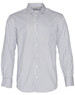 A long-sleeve button-up shirt with a sateen stripe pattern in white and navy blue, featuring a single chest pocket and collar.