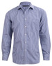 A men's long-sleeve button-up shirt in a navy and white two-tone check pattern, featuring a chest pocket and a logo.