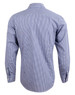A blue and white check long-sleeve button-up shirt with a back view design. Features a collar and logo on the chest.