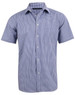 A short-sleeved, button-up shirt featuring a blue and white two-tone check pattern, with a pocket on the chest.