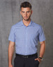 A short-sleeved, two-tone check button-up shirt in blue and white, featuring a fitted design and subtle branding.