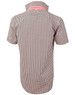 A brown and white gingham check short-sleeve button-up shirt with a red collar and branding.
