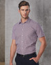 A short-sleeved, button-up shirt in a two-tone mini check pattern featuring shades of burgundy and white.