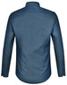 A blue men's long-sleeve button-up shirt featuring a pin dot design and a logo on the back.
