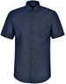 A short-sleeved button-up shirt in navy with a pin dot pattern and a chest pocket. Features branding on the collar.