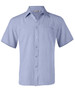 A light blue short sleeve shirt with a collar, button front, and a chest pocket, featuring a branding logo.