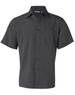 A short sleeve men's shirt in dark grey, featuring a collar and front buttons, with a logo on the label.