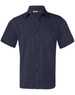 A navy blue short sleeve shirt with a button-up front and a chest pocket, featuring a logo.