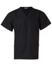 A black unisex short sleeve tunic top with a V-neck and two side pockets. It has a logo on the label.
