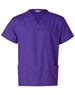 A purple unisex short sleeve scrub tunic top featuring a V-neck and a pocket. Includes branding on the label.