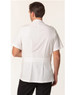 A men's short sleeve jacket in white, featuring a stud front design and a back pleat, includes a logo.