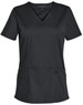A dark green ladies' short sleeve scrub top with a V-neck and two front pockets. It features a logo.