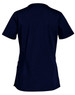 A navy blue ladies' scrub top with short sleeves and a simple design, featuring a logo on the back.