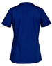 A solid navy short-sleeve scrub top with a slight tail and side pockets, featuring a logo on the back.