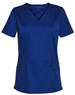 A navy blue short sleeve scrub top featuring a V-neck and two front pockets. Includes a logo on the sleeve.