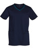 Men's scrub top in navy blue with contrast colour detailing and a pocket at the front. Features a logo.