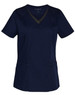 A navy blue ladies' scrub top featuring a contrast colour neckline and pockets, with a logo on the label.