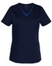 A navy blue scrub top featuring contrast colour detailing and two front pockets. Includes a logo.