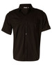 A men's short sleeve military shirt in black with two front pockets and a button-up design. It features a logo.