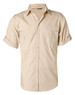 A beige men's short sleeve military shirt with button-up front and chest pockets. Features a logo on the collar.