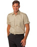 A men's short sleeve military shirt in beige, featuring button-up front and two chest pockets.