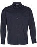 A navy blue long sleeve military-style shirt featuring two chest pockets and shoulder details. It includes a logo.