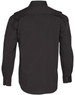 A black long sleeve military shirt featuring a button-up design and shoulder epaulets, with a logo on the sleeve.