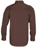 A brown long sleeve military shirt with button-up front and shoulder epaulettes. Features a logo on the shirt.