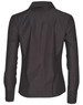 A dark grey women's button-up long sleeve shirt with a collar and buttoned cuffs, featuring a logo.