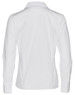 A white women's long sleeve button-up shirt featuring a classic collar and a logo on the back.