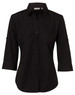A black women's button-up shirt with 3/4 sleeves and a logo at the collar.