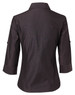 A women's 3/4 sleeve button-up shirt in dark colour, featuring a back view with rollable sleeves. Includes a logo.