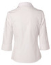 A white women's button-up shirt featuring 3/4 sleeves and a back view with a logo.